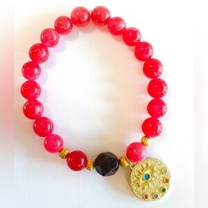 NWOT Genuine, cherry quartz, with amethyst stretch bracelet with evil eye charm
